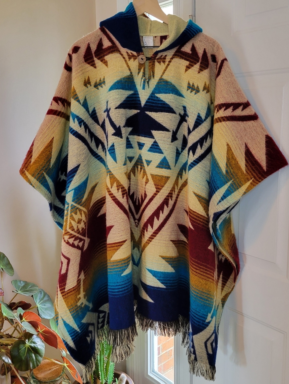 Fringed Multicolored Aztec Native Tribal Hooded Unisez Poncho, One Size Fits All